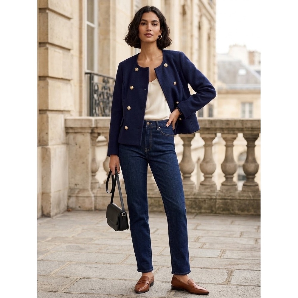 Maeve Anthropologie Navy Blue Gold Button Double Breasted Jacket SP OBI878389
